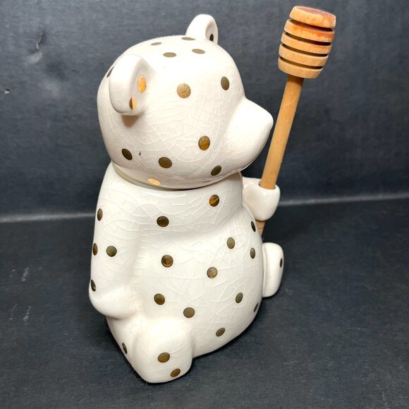 Anthropologie Dottie Honey Pot Ceramic Bear Jar With Gold Polka Dots Wood Spoon - Picture 5 of 9